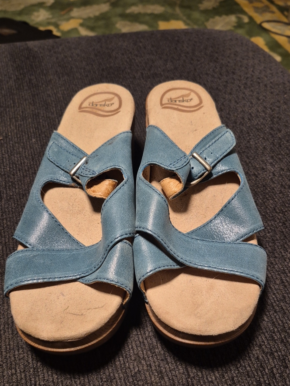 Clarks Women's Blue Leather Slide Clogs with Buckle
